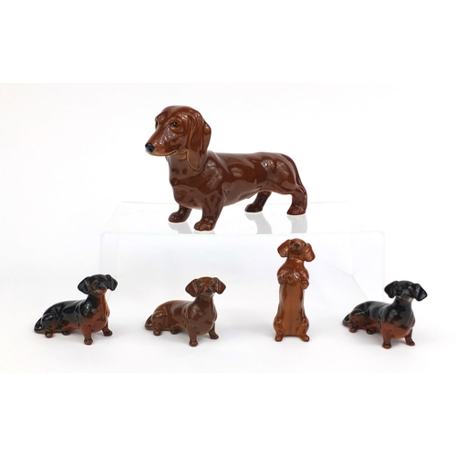 2078 - Five Beswick Dachshunds dogs, one with original paper label, each with factory marks to the base, th... 