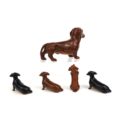 2078 - Five Beswick Dachshunds dogs, one with original paper label, each with factory marks to the base, th... 