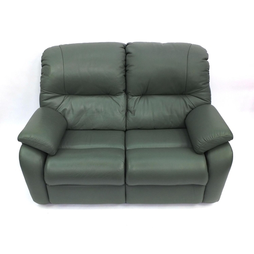 2009 - G-Plan green leather two seater setee with tags, 100cm high x 150cm wide x 103cm deep (OPTION)