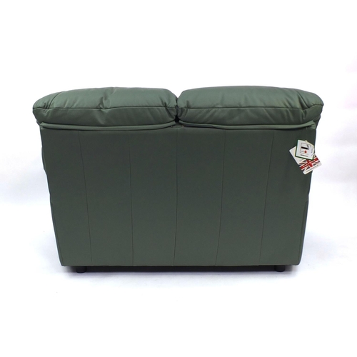 2009 - G-Plan green leather two seater setee with tags, 100cm high x 150cm wide x 103cm deep (OPTION)