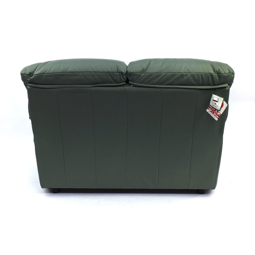 2010 - G-Plan green leather two seater setee with tags, 100cm high x 150cm wide x 103cm deep
