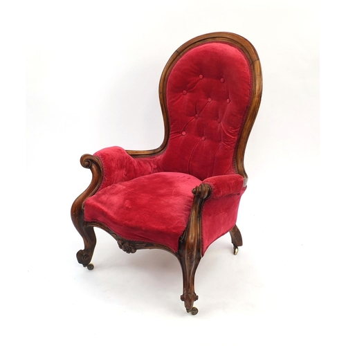 2007 - Victorian walnut bedroom chair with red button back upholstery and scrolled arms, 100cm high