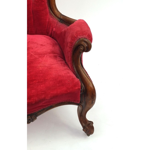 2007 - Victorian walnut bedroom chair with red button back upholstery and scrolled arms, 100cm high