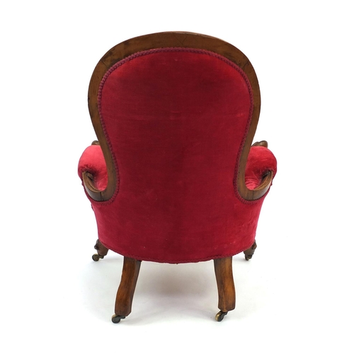 2007 - Victorian walnut bedroom chair with red button back upholstery and scrolled arms, 100cm high