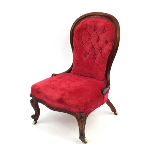 2044 - Victorian mahogany bedroom chair with red button back upholstery on scroll feet and china castors 90... 