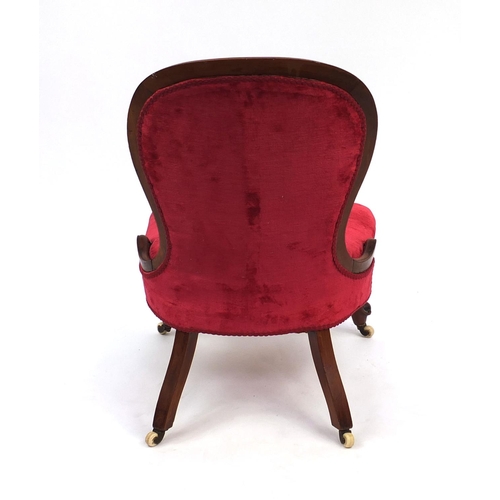 2044 - Victorian mahogany bedroom chair with red button back upholstery on scroll feet and china castors 90... 