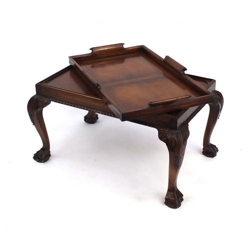 2006 - Carved mahogany butlers tray on stand table with ball and claw feet, 53cm high x 80cm wide x 58cm de... 