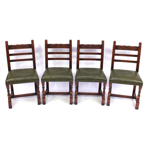 2018 - Set of six carved oak dining chairs including two carvers, each with green leather upholstered seats... 