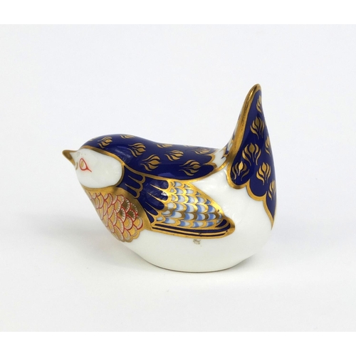 2069 - Royal Crown Derby bird paperweight with gold stopper, factory marks to the base, 6.5cm high