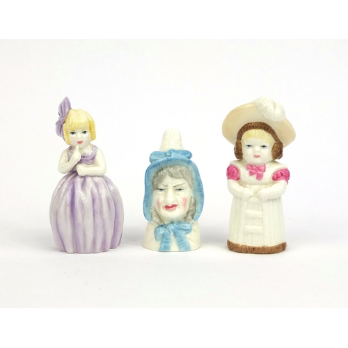 2096 - Group of three Royal Worcester candle snuffers comprising Feathered Hat Hush and Miss Claudle, each ... 