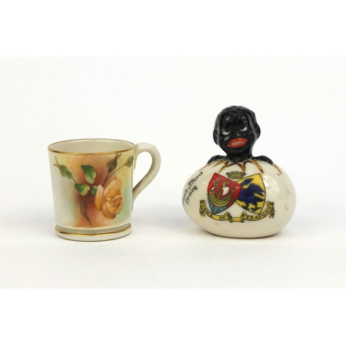 2097 - Miniature Royal Worcester cup hand painted with flowers, together with a Blackbird from Arms of Seaf... 