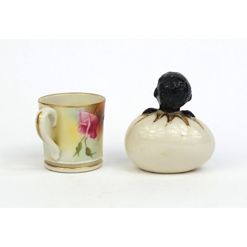 2097 - Miniature Royal Worcester cup hand painted with flowers, together with a Blackbird from Arms of Seaf... 