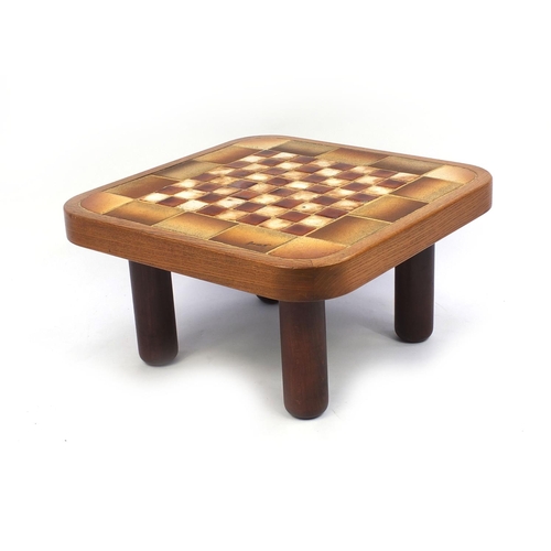 2050 - Mid century tile topped chess table signed Barrois, 35cm high x 66cm wide x 66cm deep