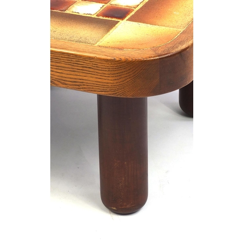 2050 - Mid century tile topped chess table signed Barrois, 35cm high x 66cm wide x 66cm deep