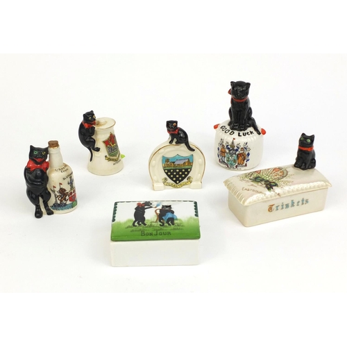 2099 - Small group of black cat crested china including Good Luck from Leigh-On-Sea, A lucky White Heather ... 