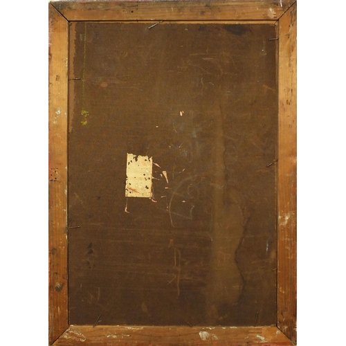 2059 - Jewish school oil onto board, boy holding a torah, bearing a monogram MK, framed, 71cm x 48cm exclud... 
