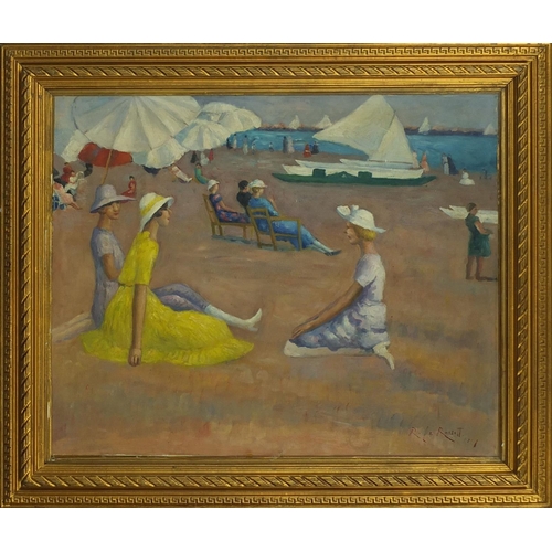 2113 - French impressionist oil onto board figures on a beach, bearing a signature Le Rossett, gilt framed,... 