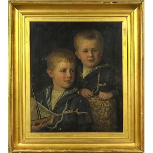 2058 - Henry Jamyn Brooks - Oil onto canvas, young Cornish sailors, inscriptions verso, mounted and gilt fr... 