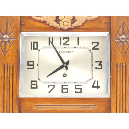 156 - Art Deco oak cased wall hanging clock, the dial marked Jacomo, 54cm high