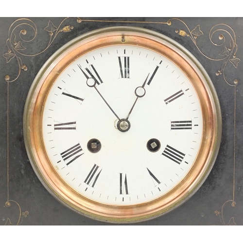 213 - Victorian black slate and marble striking mantle clock, numbered 2640 to the movement, 37cm high