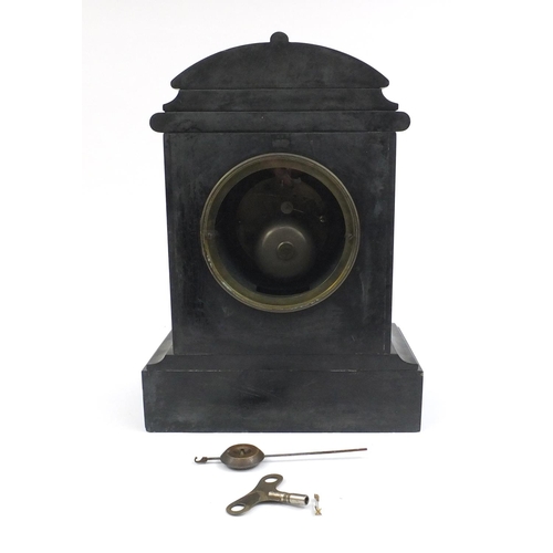 213 - Victorian black slate and marble striking mantle clock, numbered 2640 to the movement, 37cm high