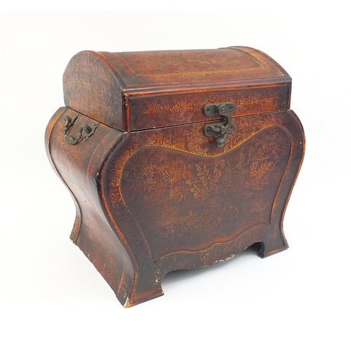 48 - Leather covered dome topped box decorated with flowers, 35cm high