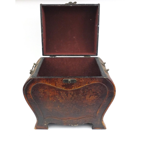 48 - Leather covered dome topped box decorated with flowers, 35cm high