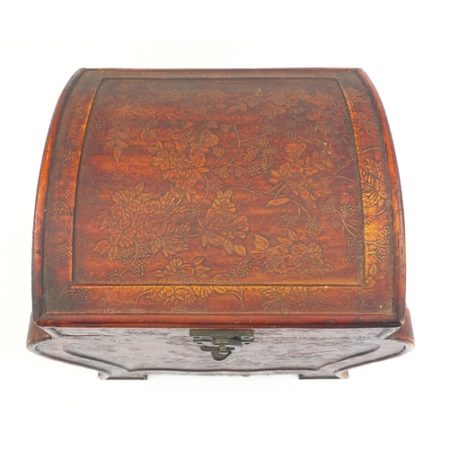 48 - Leather covered dome topped box decorated with flowers, 35cm high