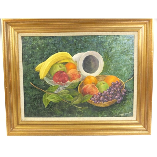 45 - Oil on board of still life fruit and objects, bearing a signature M. Saco. Del-Corte 1991, 60cm x 44... 