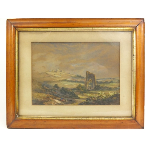 175 - Watercolour view of figures before ruins, 32cm x 22cm excluding the frame