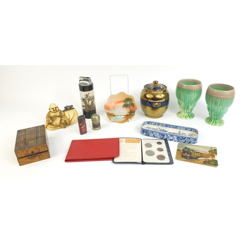 392 - Assorted china including a pair of Art Deco Shelley vases, Lustre tobacco jar, Buddha table lighter,... 