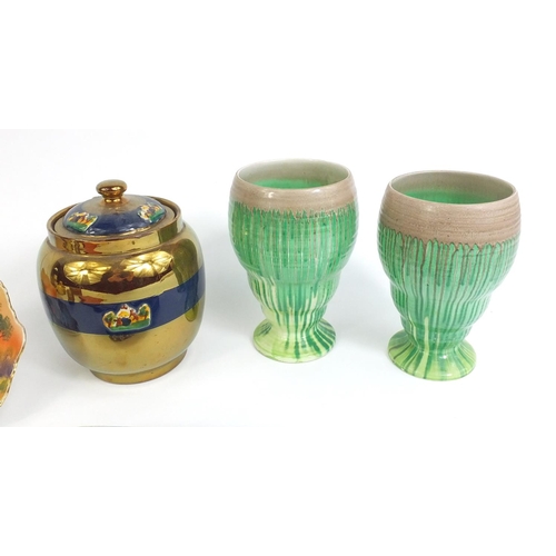 392 - Assorted china including a pair of Art Deco Shelley vases, Lustre tobacco jar, Buddha table lighter,... 