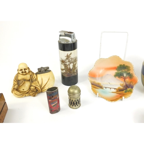 392 - Assorted china including a pair of Art Deco Shelley vases, Lustre tobacco jar, Buddha table lighter,... 