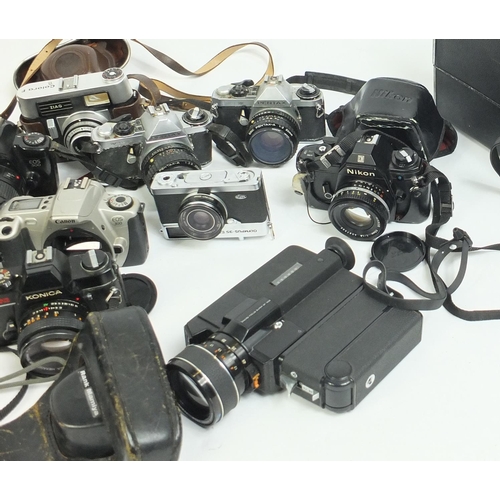 215 - Box of assorted cameras, lenses  and accessories including Pentax, Canon, Panasonic and Ziag example... 