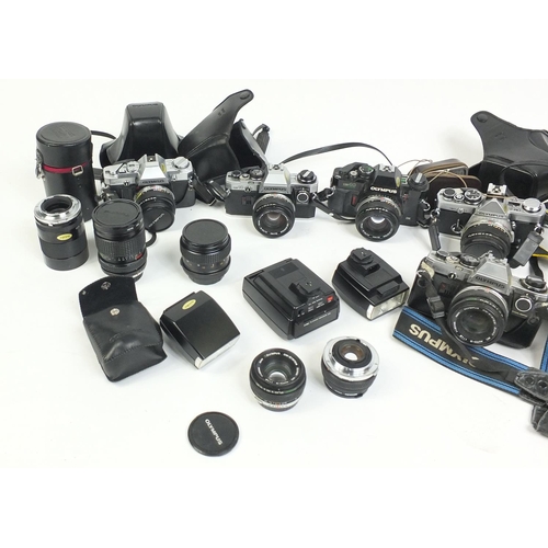 197 - Selection of mostly Olympus cameras lenses and accessories