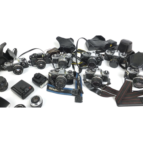 197 - Selection of mostly Olympus cameras lenses and accessories