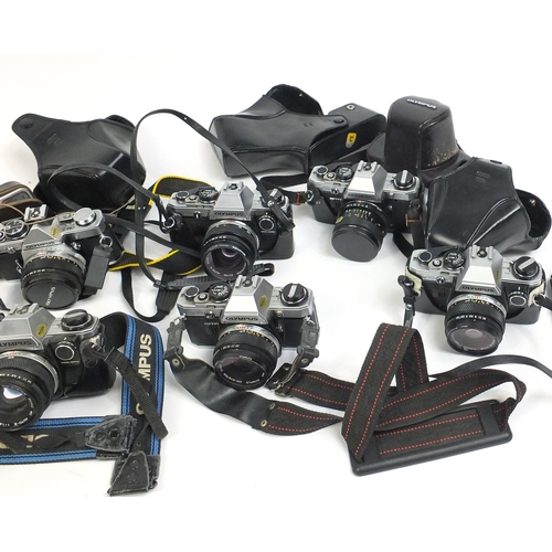 197 - Selection of mostly Olympus cameras lenses and accessories