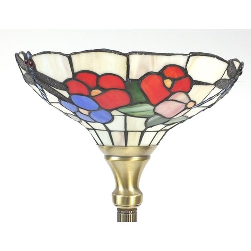 116 - Brass uplighter with Tiffany design dragonfly shade, 174cm high