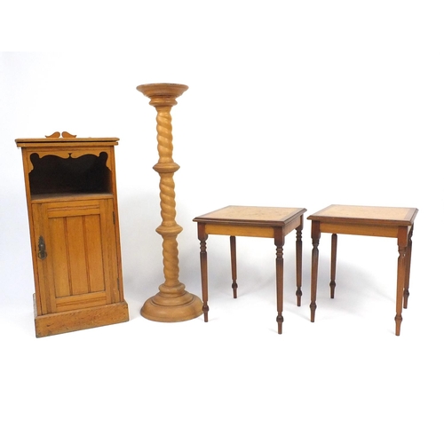 80 - Ash nightstand, a circular pine plant stand with spiral column and a pair of yew occasional tables