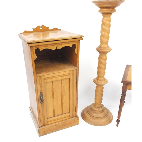 80 - Ash nightstand, a circular pine plant stand with spiral column and a pair of yew occasional tables