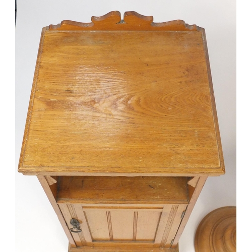 80 - Ash nightstand, a circular pine plant stand with spiral column and a pair of yew occasional tables