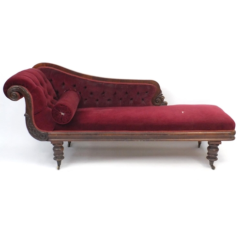 8 - Victorian carved mahogany framed chaise longue with purple button back upholstery