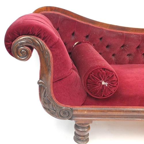 8 - Victorian carved mahogany framed chaise longue with purple button back upholstery
