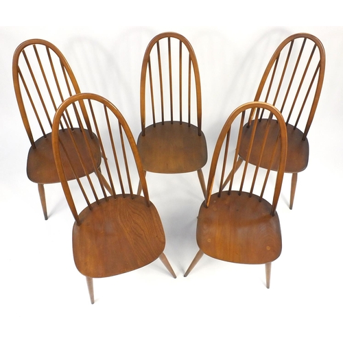 10 - Set of five Ercol Elm stick back dining chairs, 99cm high