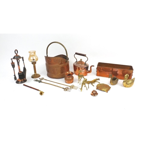 235 - Selection of copper and brass items including a coal bucket, fire tools, kettle, animals etc