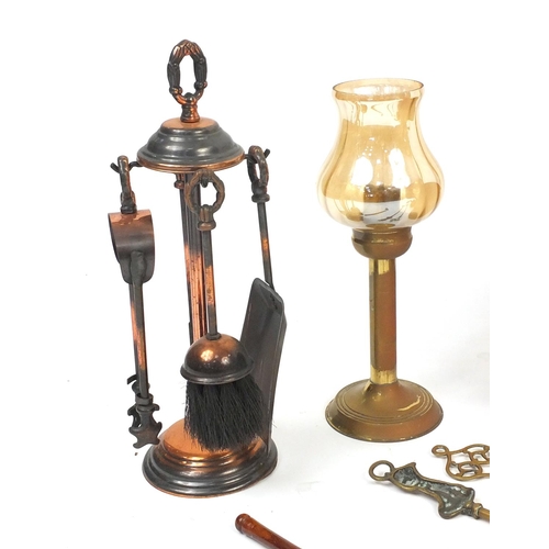 235 - Selection of copper and brass items including a coal bucket, fire tools, kettle, animals etc