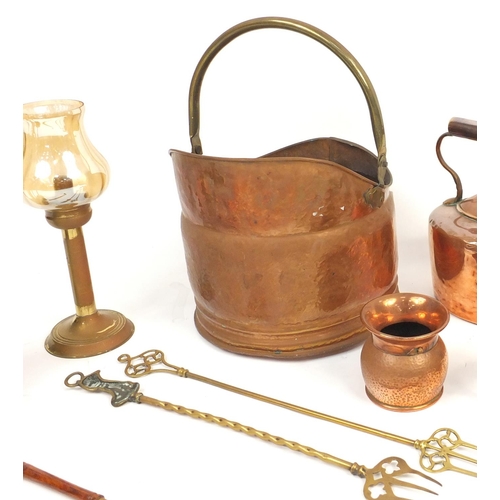 235 - Selection of copper and brass items including a coal bucket, fire tools, kettle, animals etc