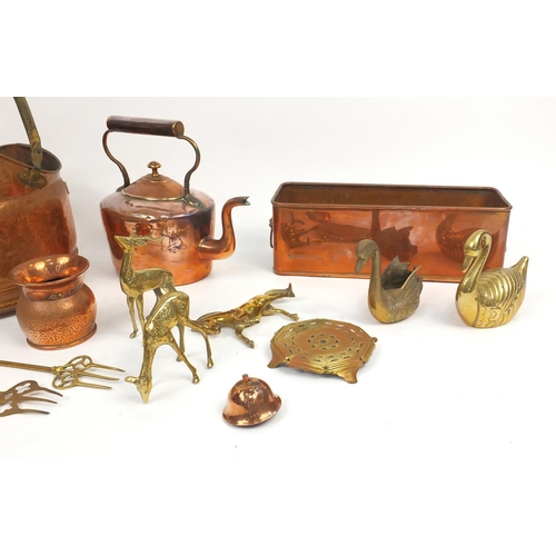 235 - Selection of copper and brass items including a coal bucket, fire tools, kettle, animals etc