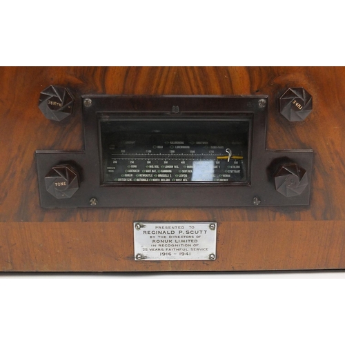 60 - Art Deco Pye walnut cased radio with Bakelite dials, 49cm high