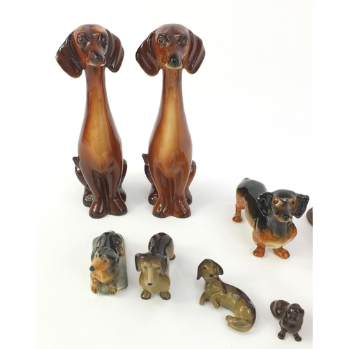 186 - Collection of china Dachshunds including a pair of Jema examples and a Szeiler together with a pair ... 